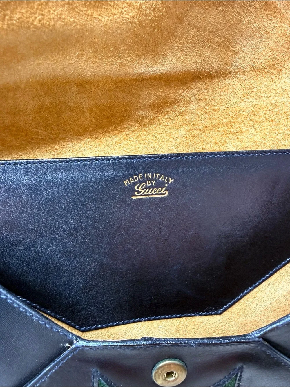 Authentic Gucci vintage black leather clutch bag red green accents